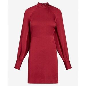 NWT EXPRESS Wine Red Satin Mock Neck Balloon Sleeve Party Dress XS